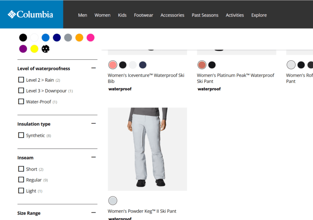 Screenshot taken on the official Columbia Sportswear website