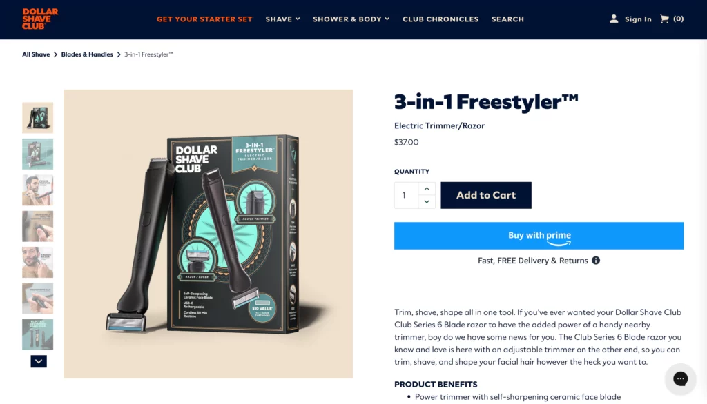 Dollar Shave Club - typical product page design example