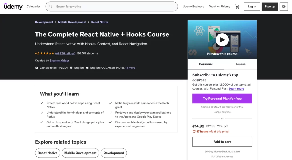 The Complete React Native + Hooks Course