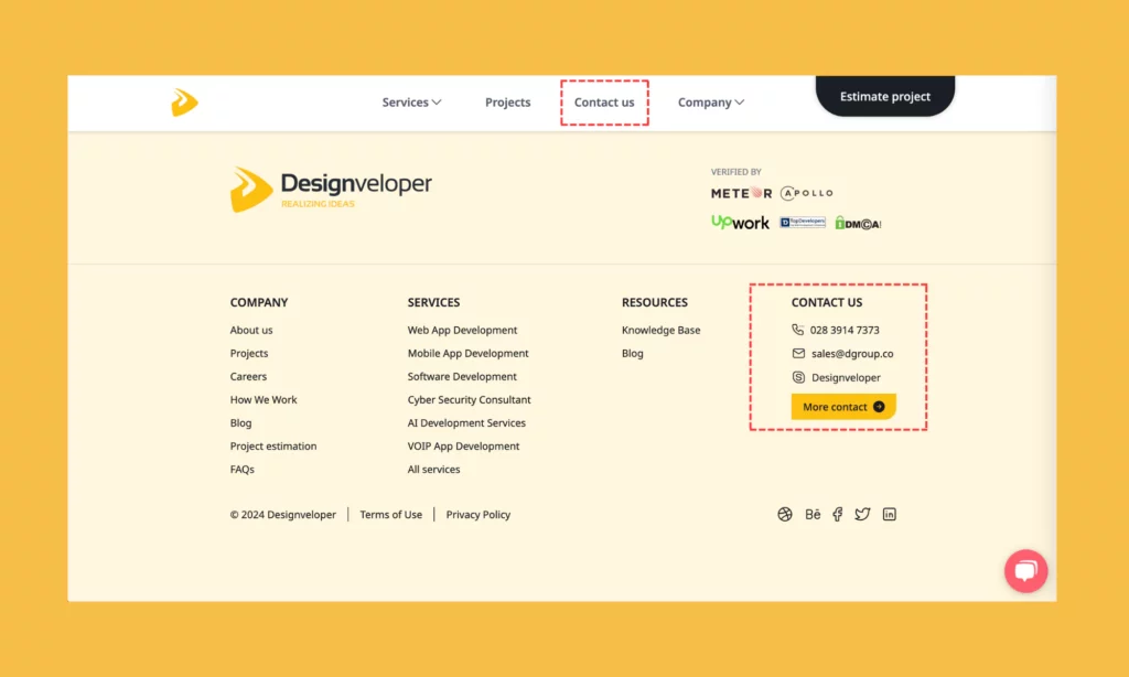 Contact information on Designveloper's website