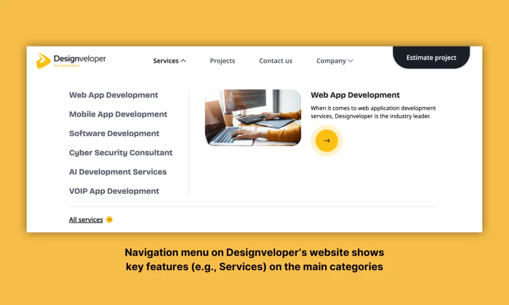 Designveloper website's navigation menu